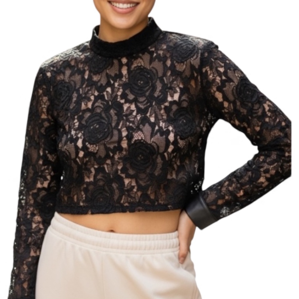 ENDLESS RORE 3D FLORAL LACE LEATHER TRIM CROP TOP